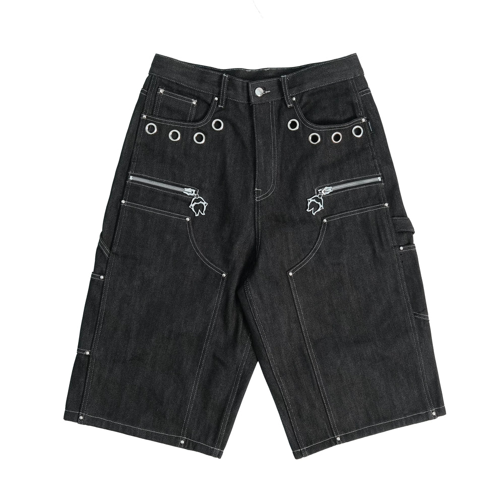 THEWET 14oz American Street Color Rivet Cowboy Seven Part Pants Men's Black Deconstructed Style Bright Thread Shorts