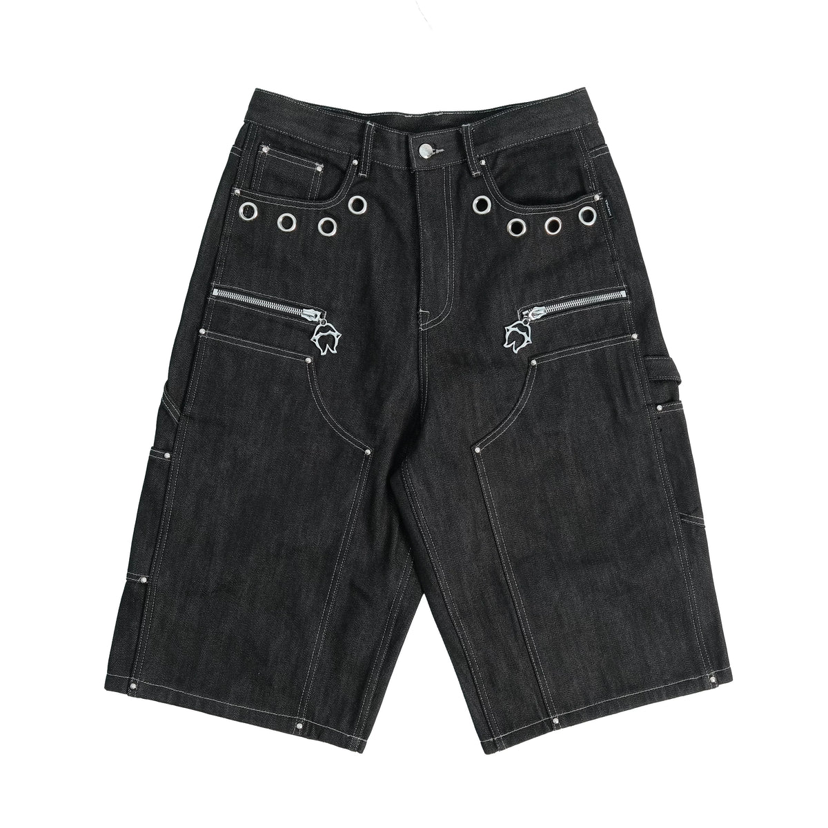 THEWET 14oz American Street Color Rivet Cowboy Seven Part Pants Men's Black Deconstructed Style Bright Thread Shorts