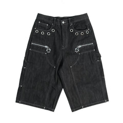THEWET 14oz American Street Color Rivet Cowboy Seven Part Pants Men's Black Deconstructed Style Bright Thread Shorts