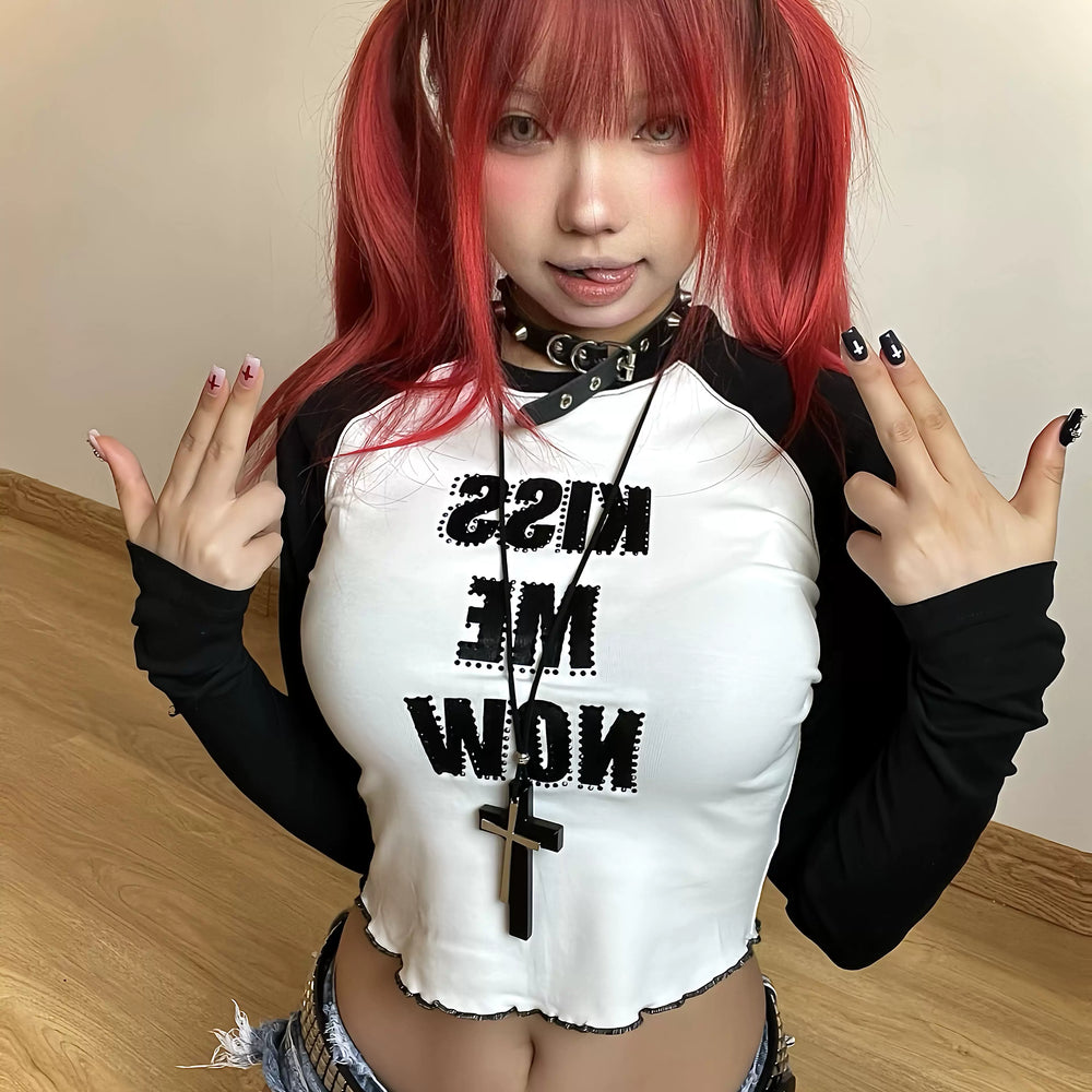 LILWET GIRL Mushroom Edge Water Diamond Printed KISS Long TEE Spicy Girl Leaky Umbilical Close fitting Long Sleeve T-shirt