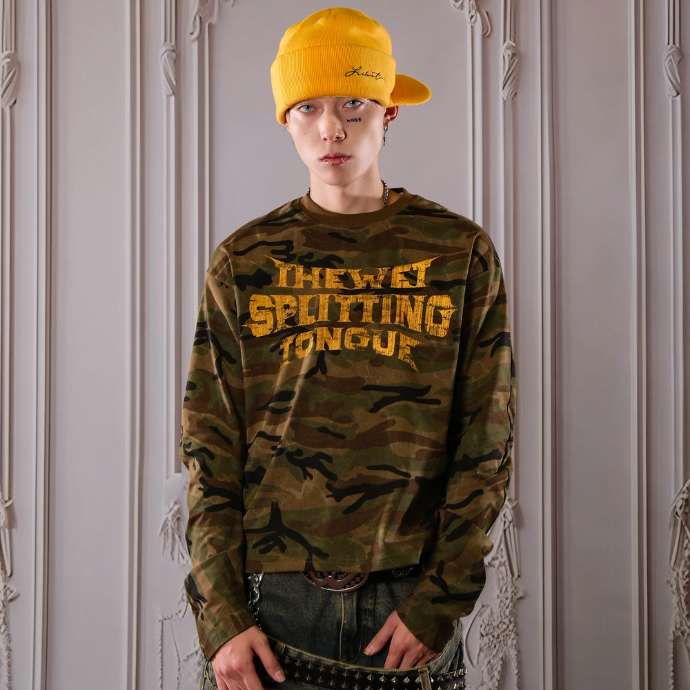 THEWET 2026 American Street Letter Printed Logo Curved Knife Camouflage Long Sleeve Daily Casual Interior Long Tee