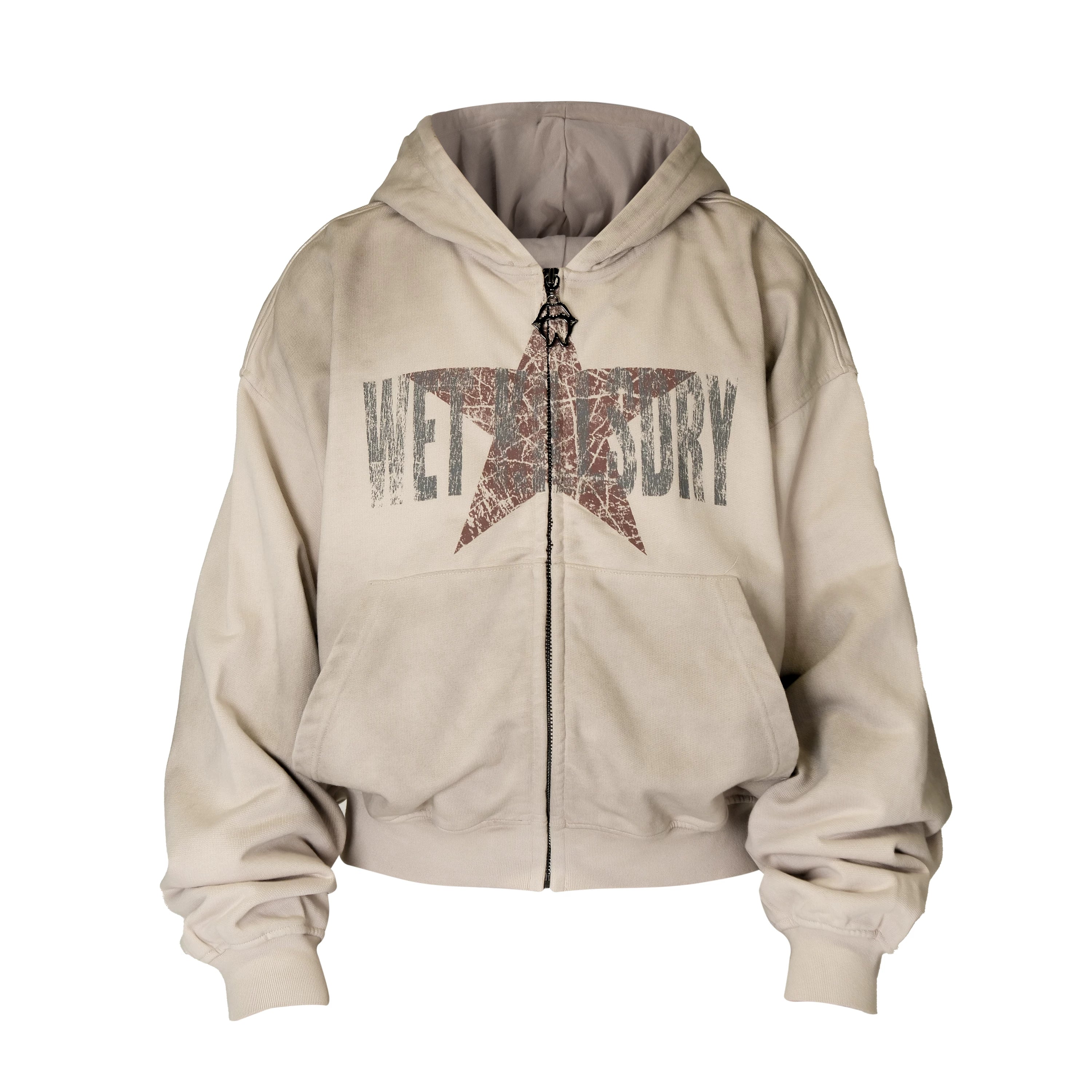 THEWET SPLITTING TONGUE silhouette distressed short loose star print zipper hoodie