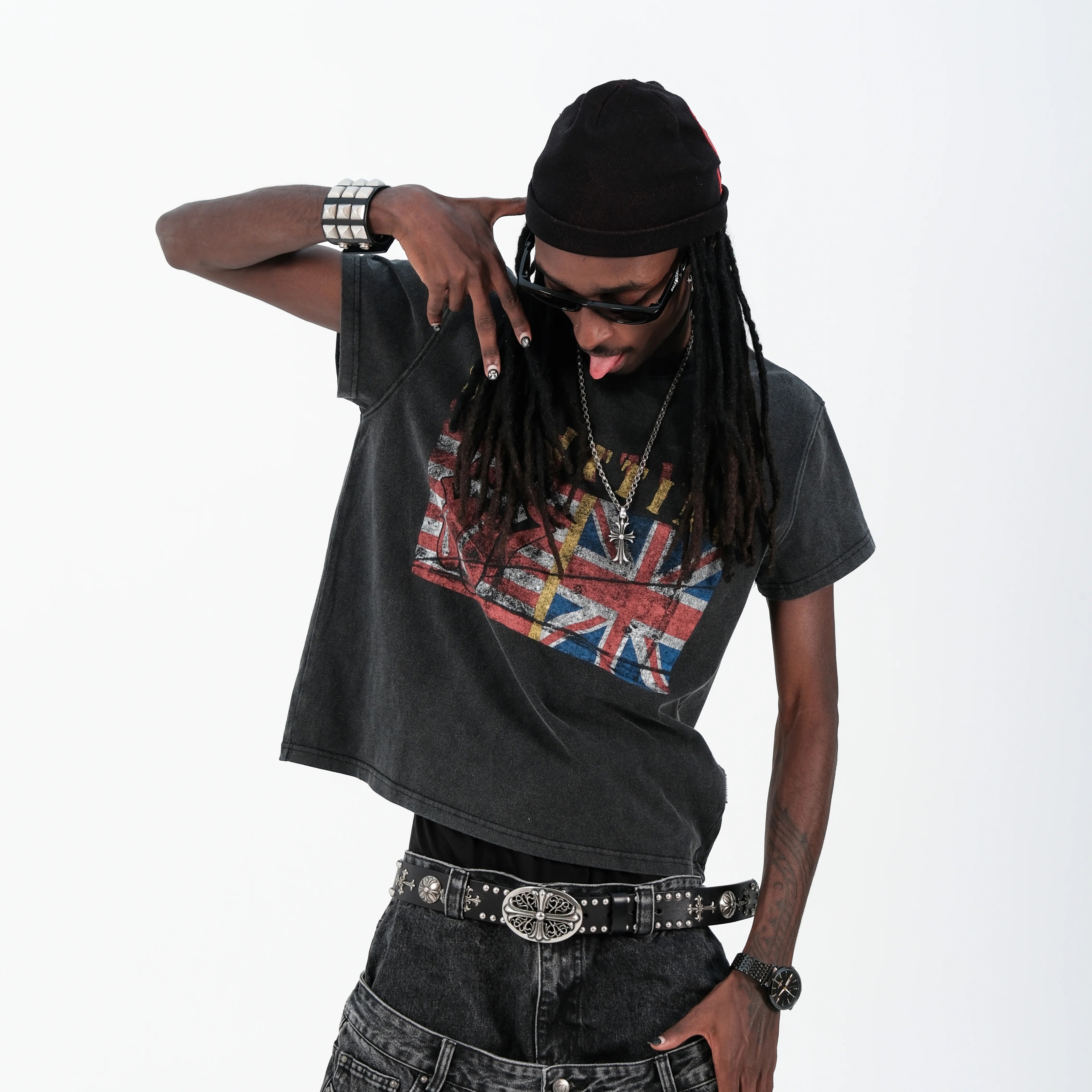THEWET 2026SS Street Retro Doing Old Rice Flag Rolling Stone Splitting Tongue Teasing Fun Printed Cotton Short Sleeve