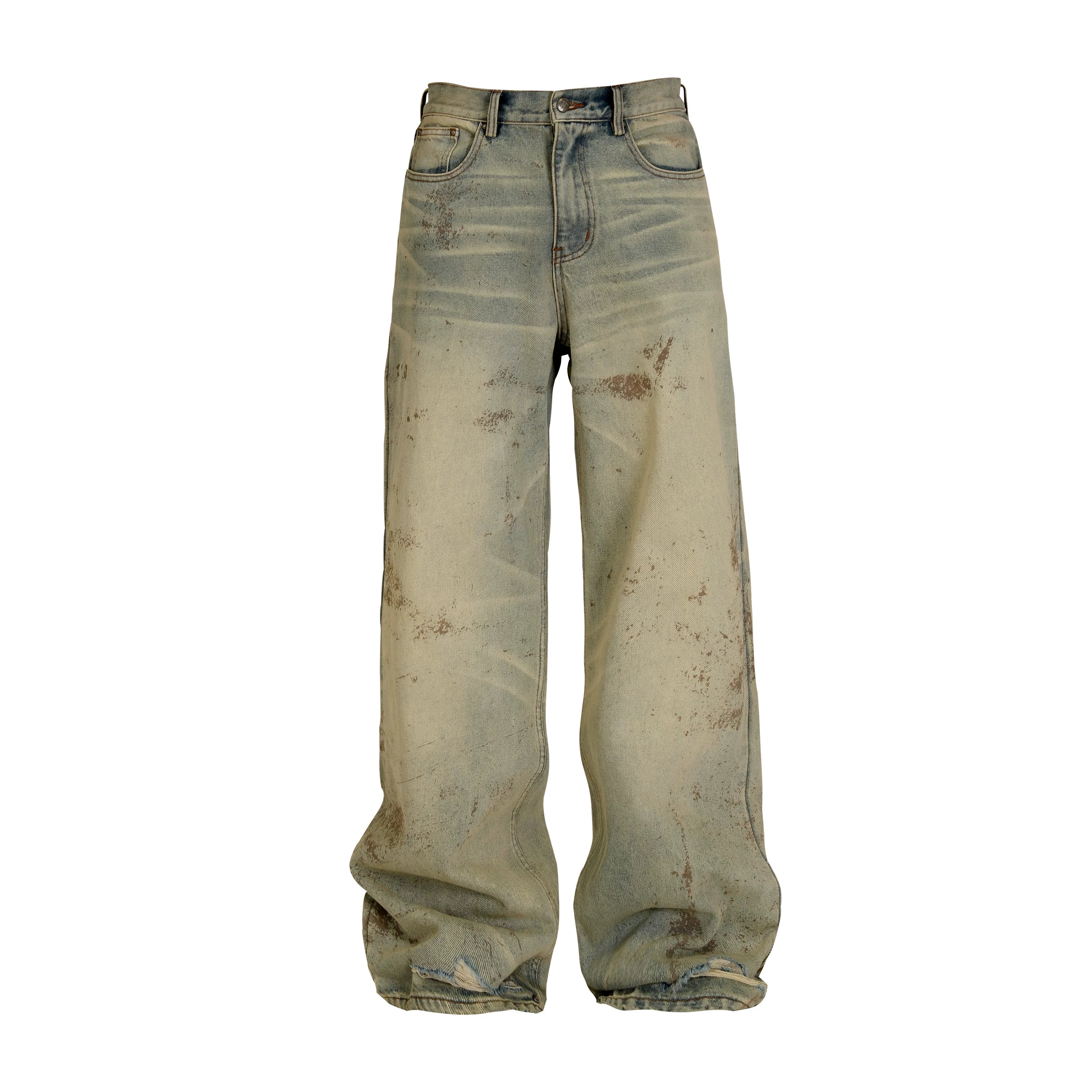 THEWET SPLITTING TONGUE 2025AW Washed and Used Digital Splashed Honeycomb Cat Beard Jeans