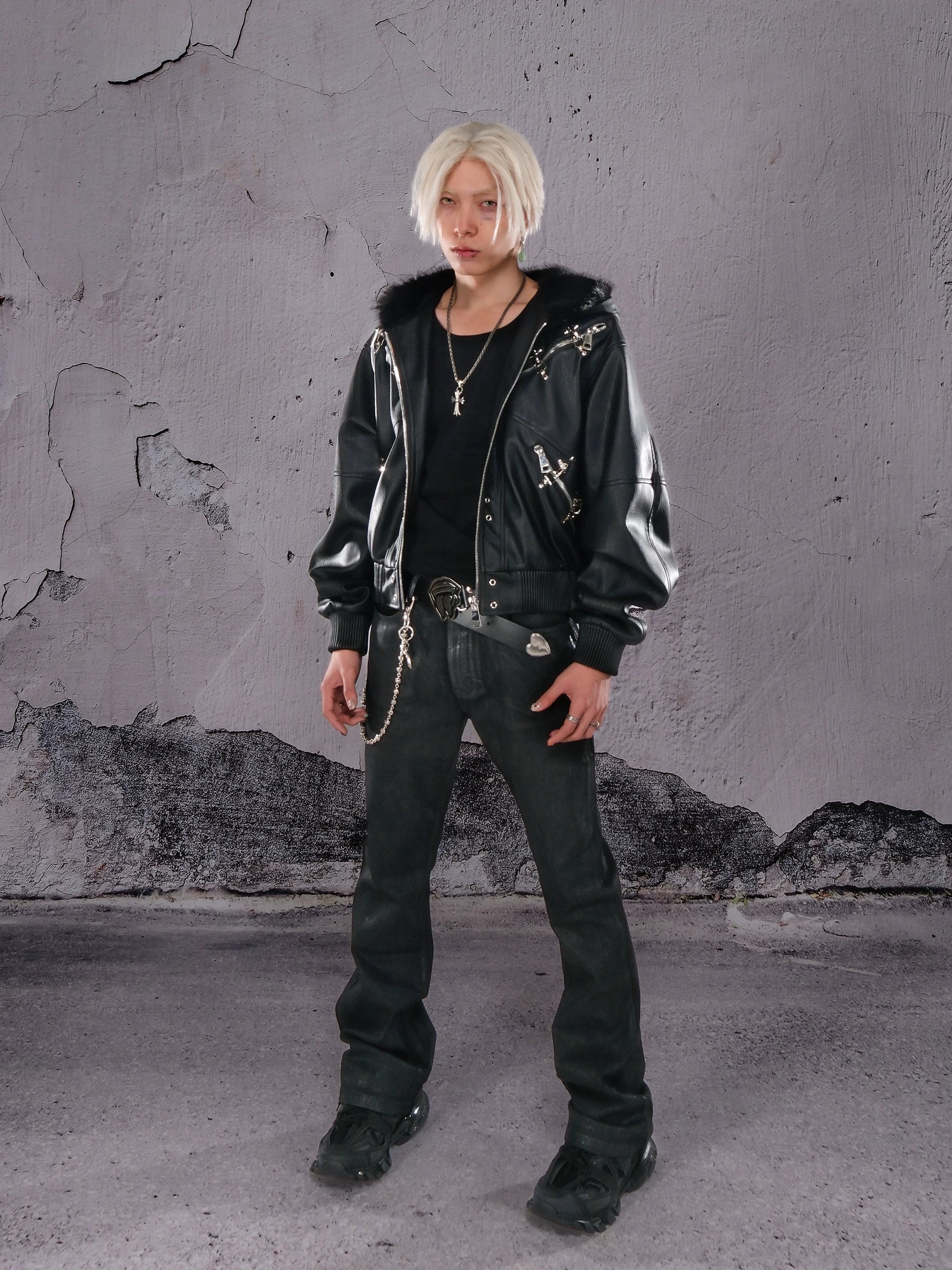 THEWET SPLITTING TONGUE 2025AW Winter Street Silhouette Airplane Buckle Zipper Leather Jacket