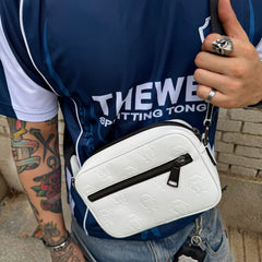 THEWET Tongue Splitting Full Print LOGO Single Shoulder Full Leather Postman Bag Hiphop Street Style Diagonal Cross Bag