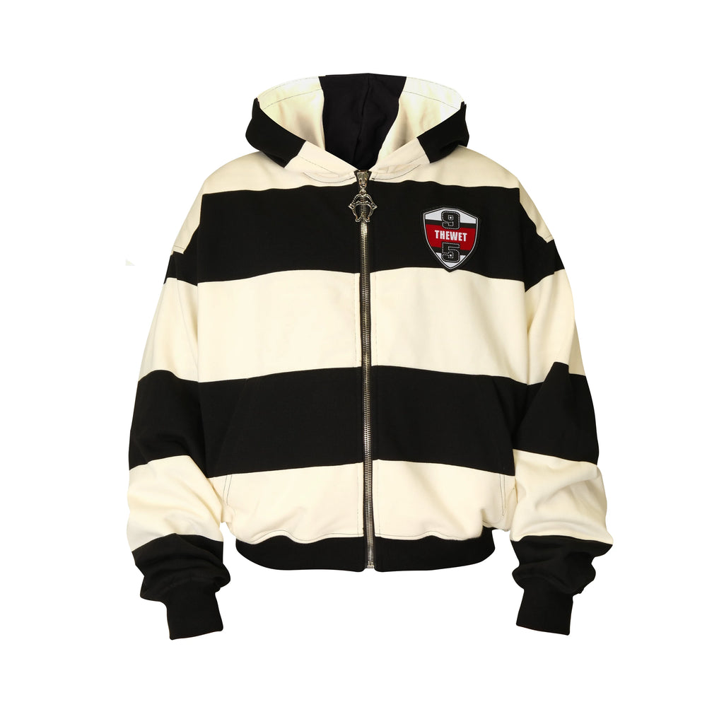 THEWET SPLITTING TONGUE Black and White Stripe Printed Short Loose Zipper Hoodie