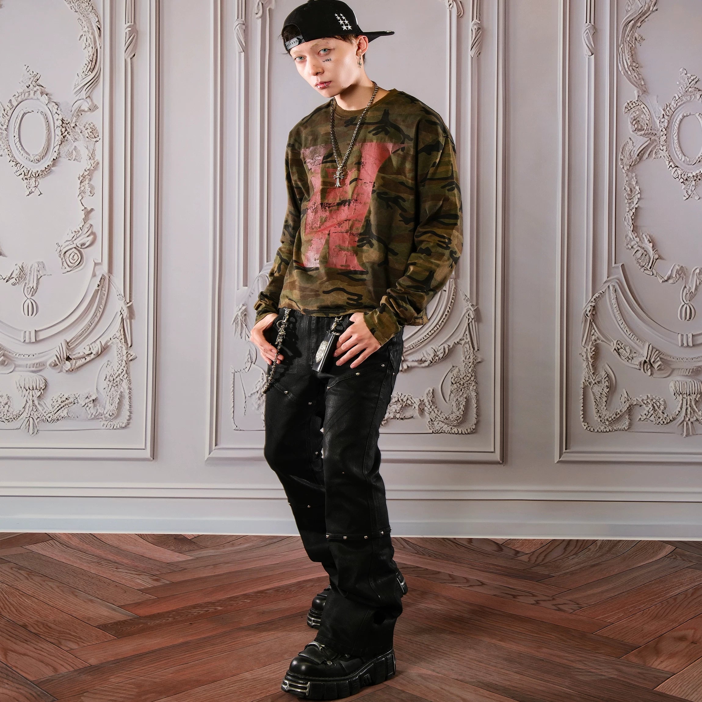 THEWET 2026 Split Tongue Rivet Brushed Wax Flared Pants Dark Pioneer Micro Elastic Casual Style Micro Flared Pants