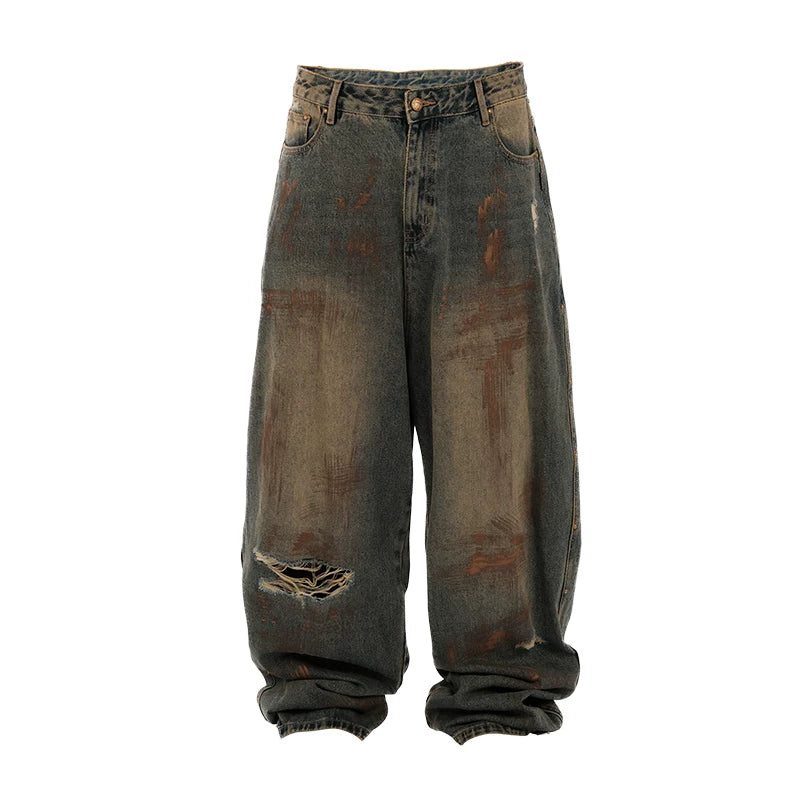 THEWET Tongue Mud Dyeing Waste Soil Baggy Pants Wash and Make Old Super Fat Loose Jeans