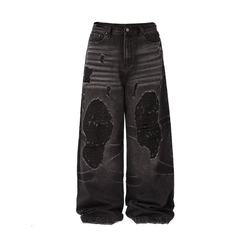 LILWET water washed distressed 13 ounce Baggy ripped floor wide leg jeans THEWET tongue splitting