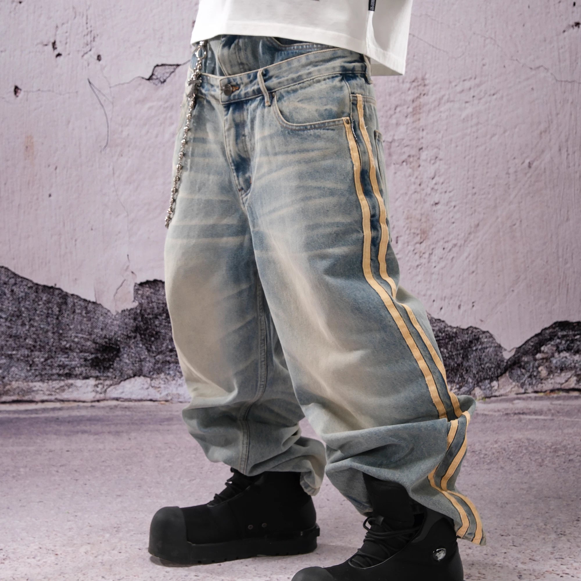 THEWET SPLITTING TONGUE 2025AW Washed and Used Honeycomb Cat Beard Double Waist Cowboy Pants