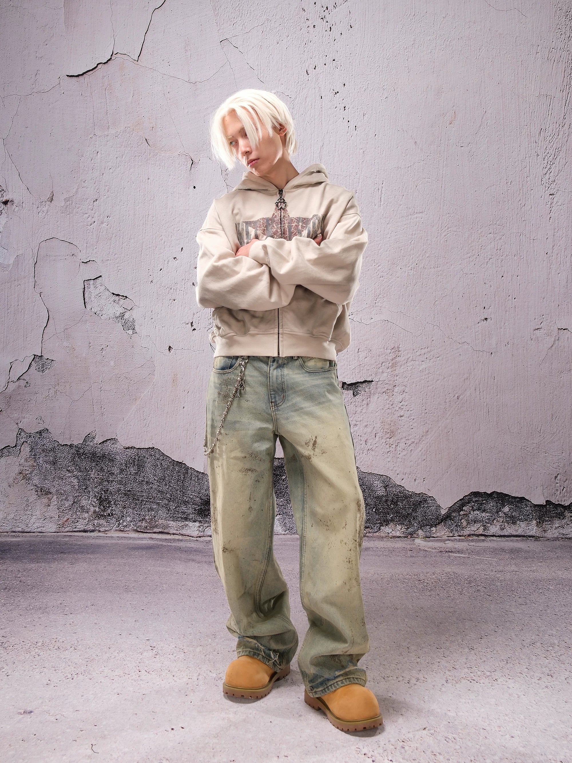 THEWET SPLITTING TONGUE 2025AW Washed and Used Digital Splashed Honeycomb Cat Beard Jeans