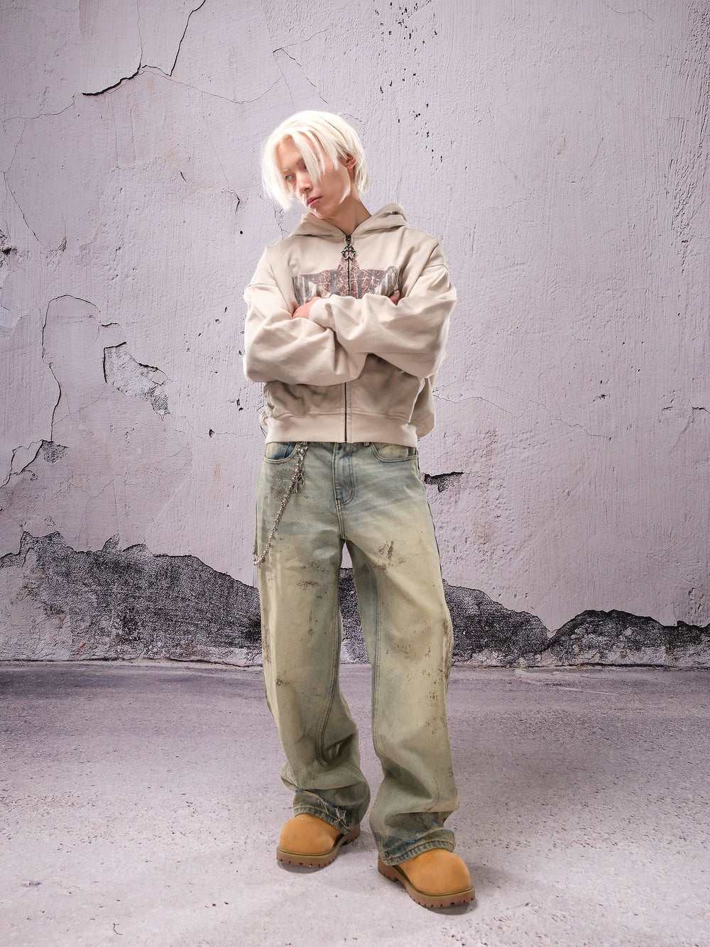 THEWET SPLITTING TONGUE 2025AW Washed and Used Digital Splashed Honeycomb Cat Beard Jeans