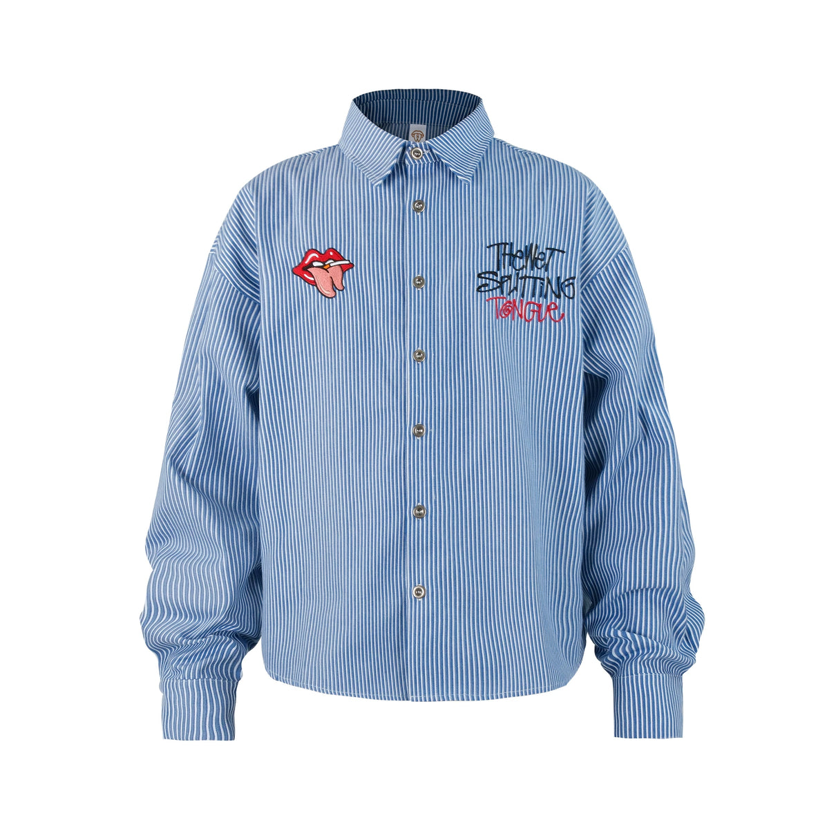 THEWET 2025 Autumn Equinox Tongue Stripe Casual Loose LOGO Embroidered Couple Fun Lips Letter Shirt