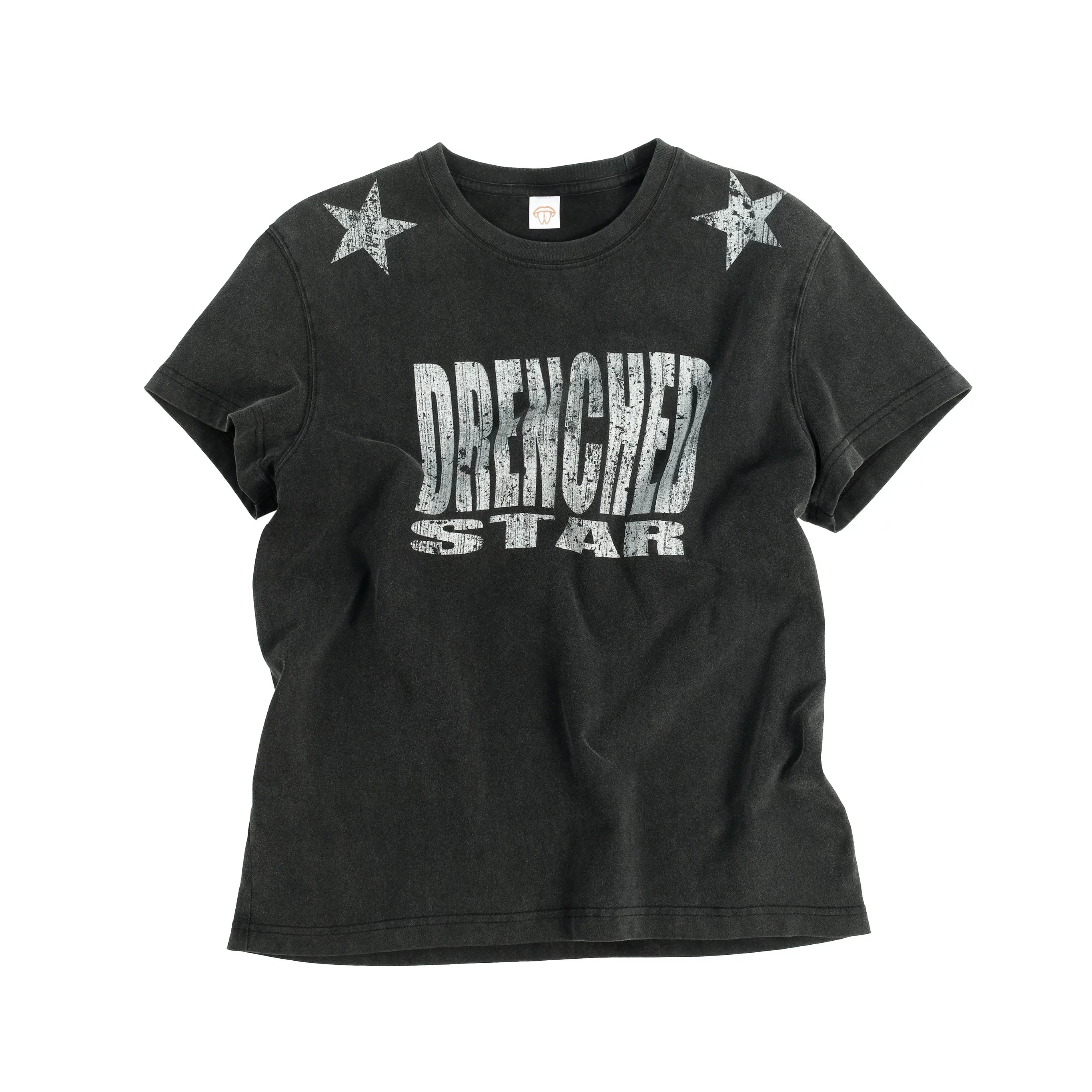 THEWET 2026SS Street Retro Vintage Double Star Letter Printed Cotton Short Sleeve Tee