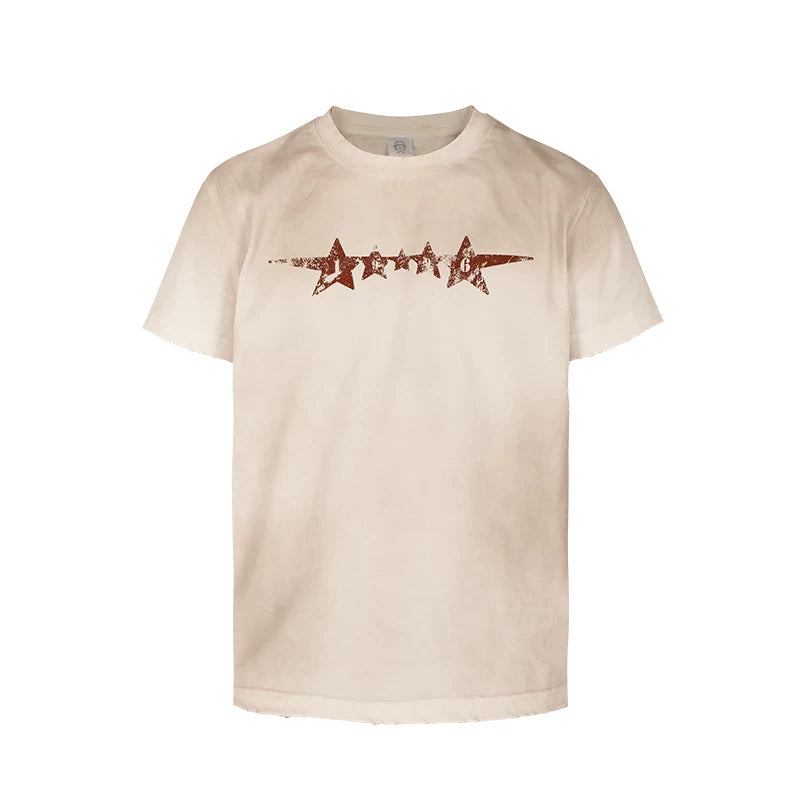 THE WET2025SS American street mud dyed vintage print slogan slim fit star short sleeved tee