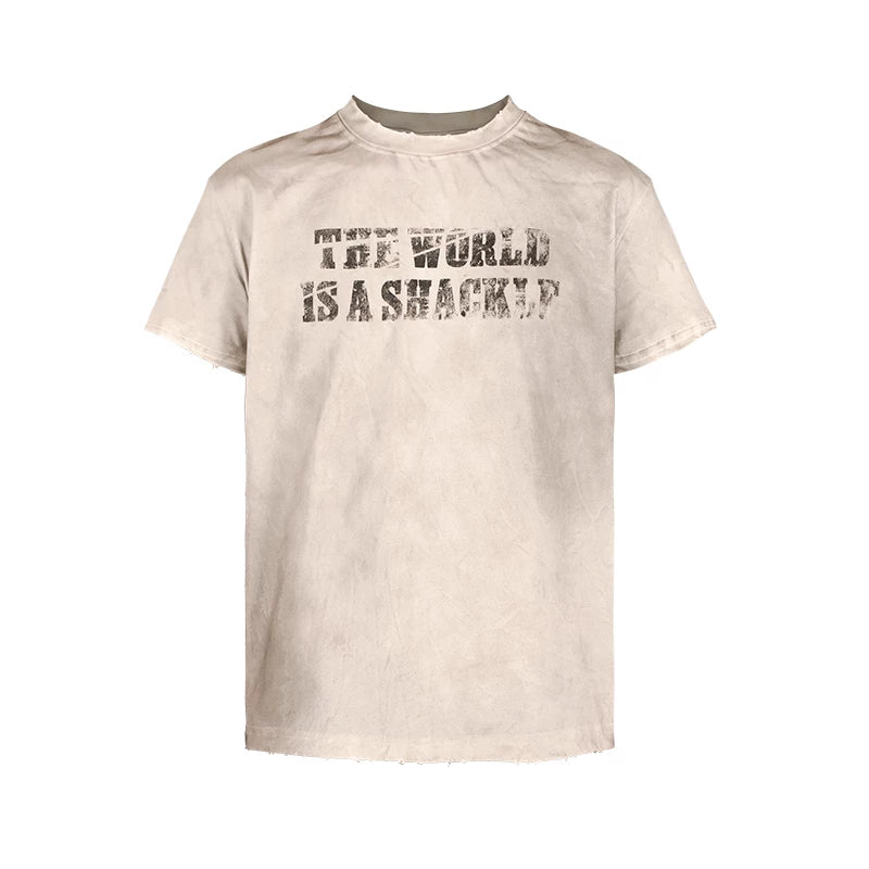 THEWET 2025SS American retro mud dyed distressed street casual cross distressed printed short sleeved tee