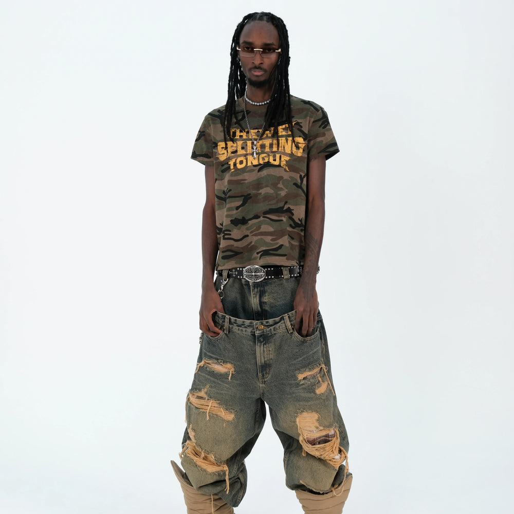 THEWET 2026SS Street Retro Doing Old Casual Bending Knife LOGO Printed Cotton Slim Short Sleeve Tee
