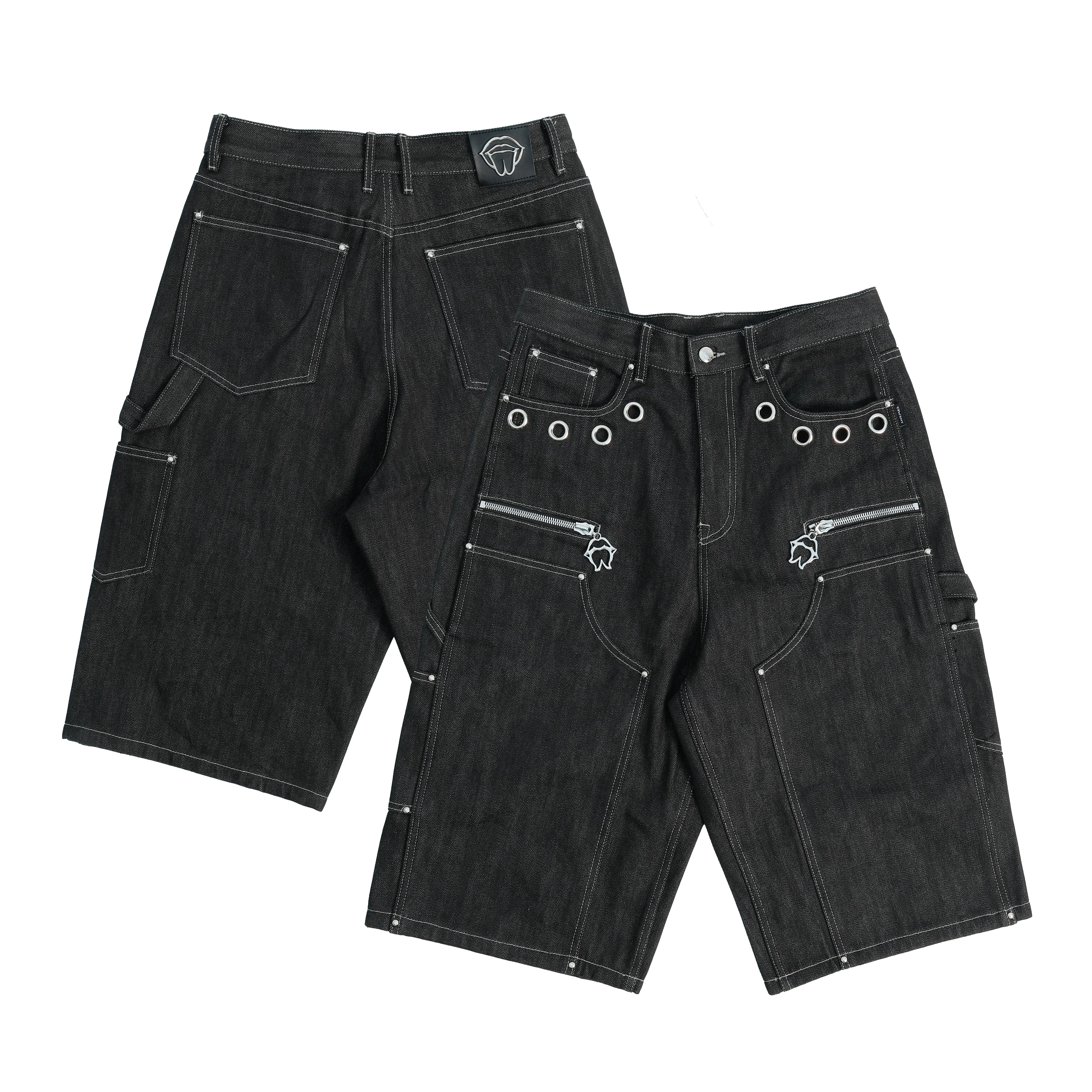 THEWET 14oz American Street Color Rivet Cowboy Seven Part Pants Men's Black Deconstructed Style Bright Thread Shorts