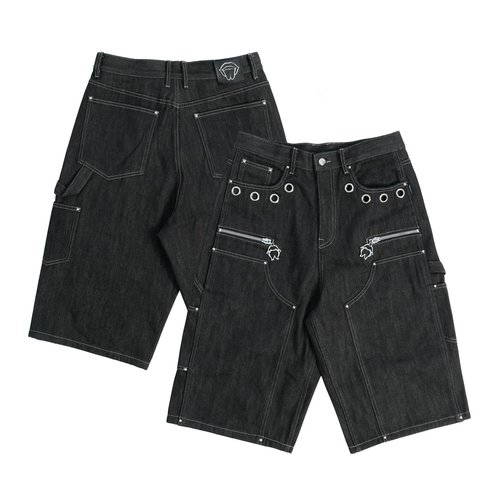 THEWET 14oz American Street Color Rivet Cowboy Seven Part Pants Men's Black Deconstructed Style Bright Thread Shorts