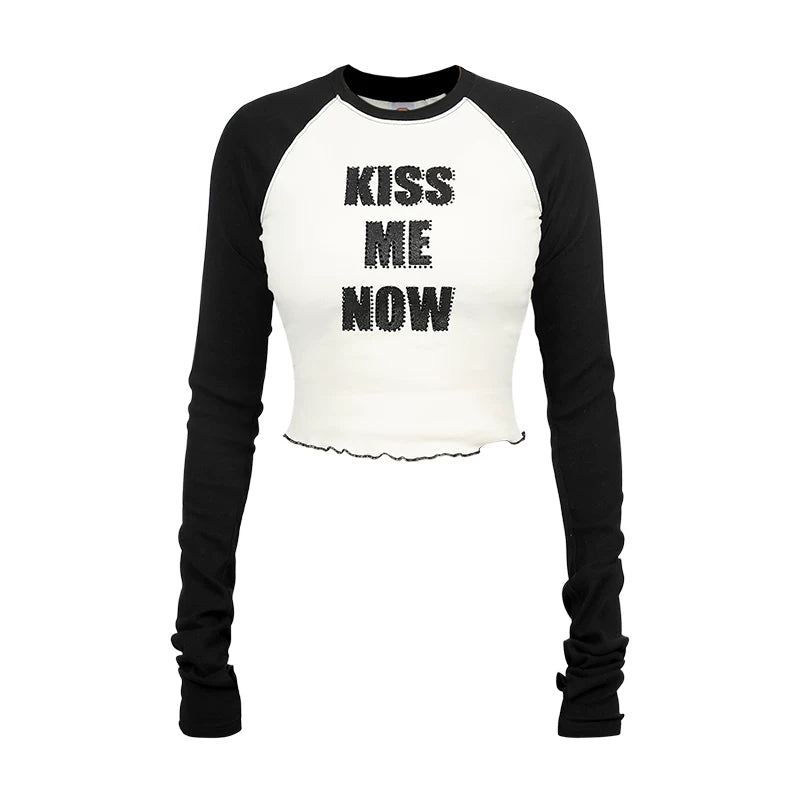 LILWET GIRL Mushroom Edge Water Diamond Printed KISS Long TEE Spicy Girl Leaky Umbilical Close fitting Long Sleeve T-shirt