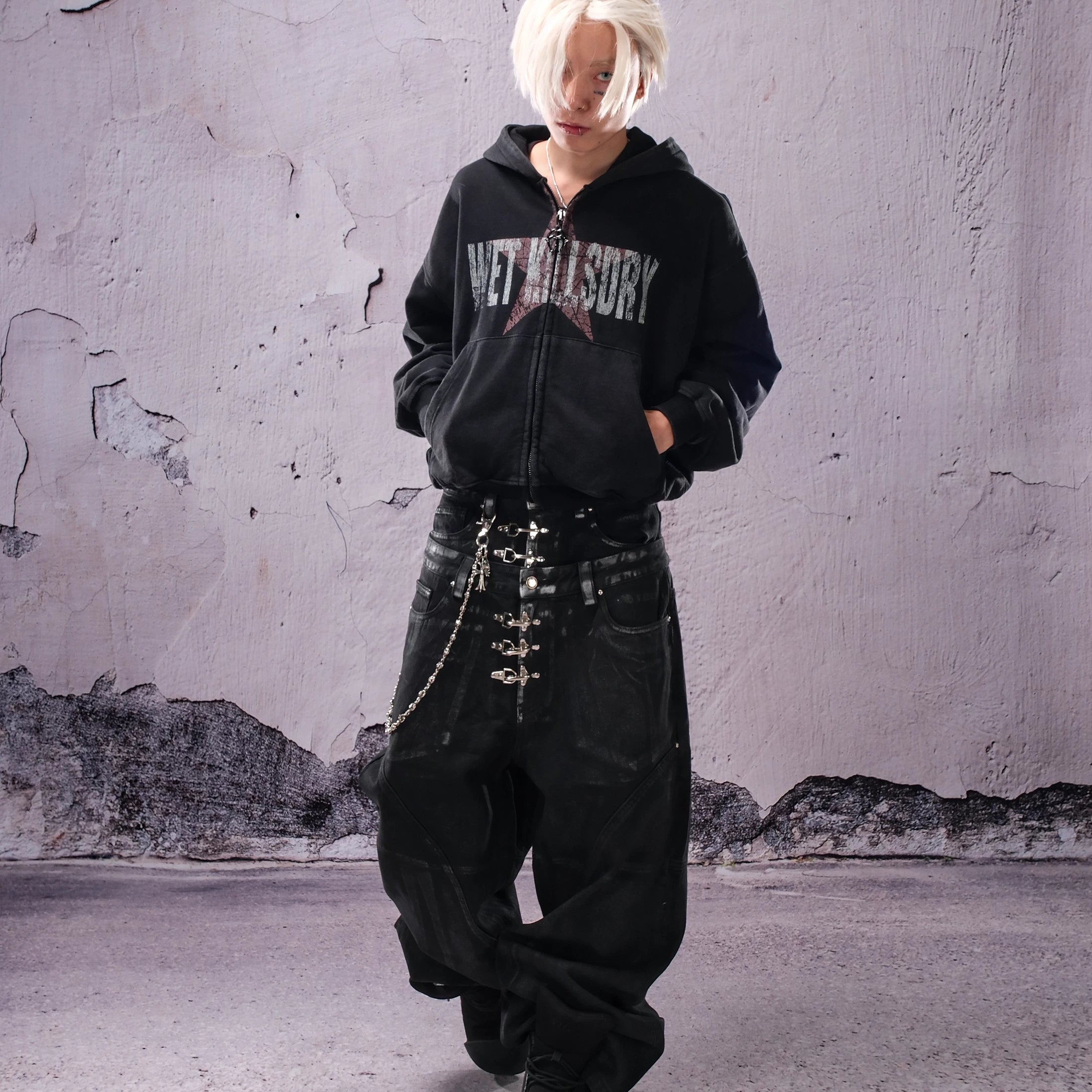 THEWET SPLITTING TONGUE silhouette distressed short loose star print zipper hoodie