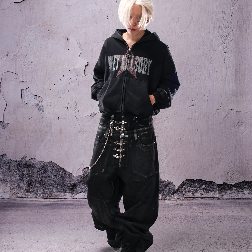 THEWET SPLITTING TONGUE silhouette distressed short loose star print zipper hoodie