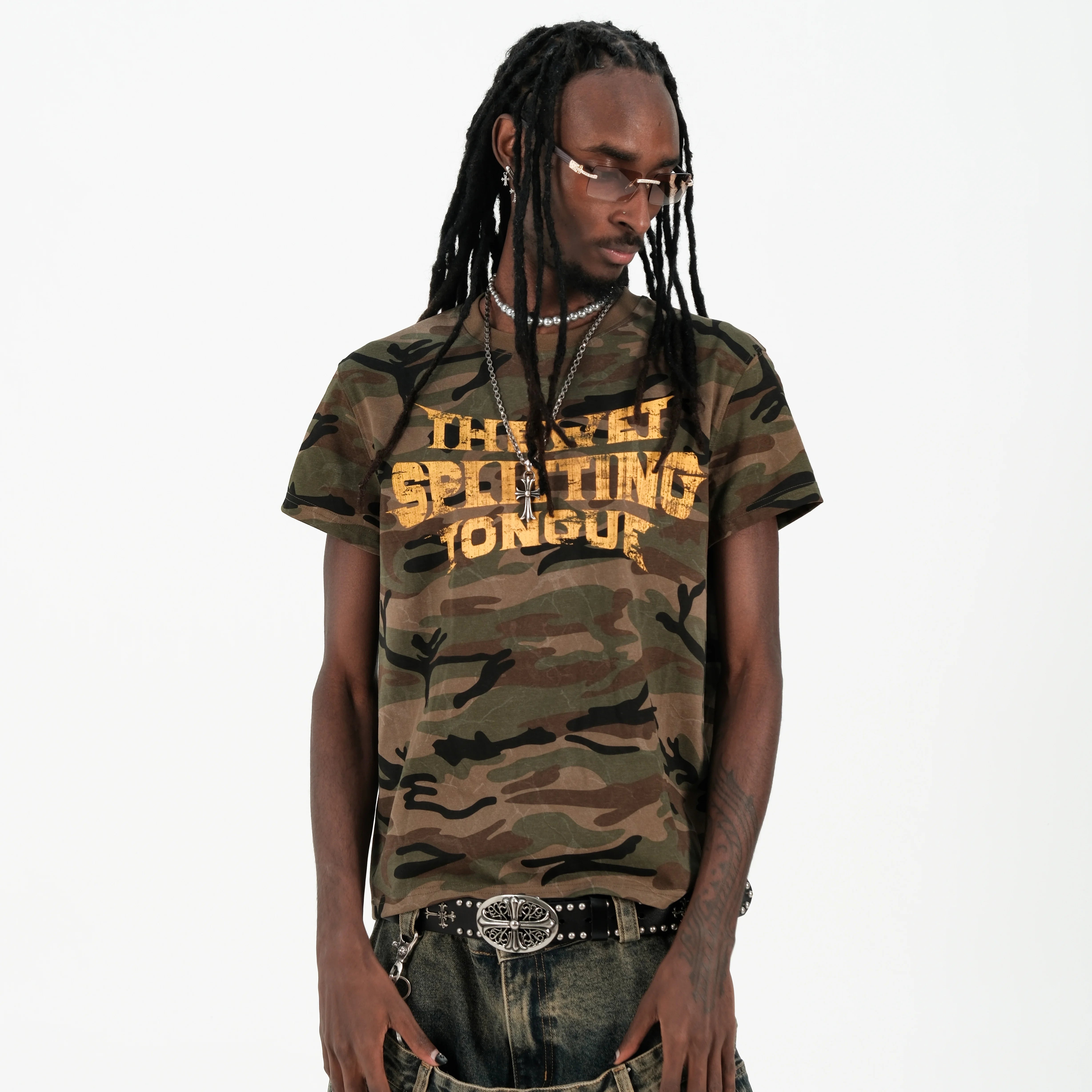 THEWET 2026SS Street Retro Doing Old Casual Bending Knife LOGO Printed Cotton Slim Short Sleeve Tee