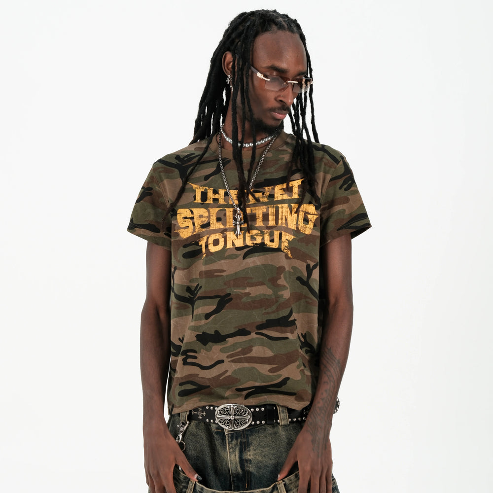 THEWET 2026SS Street Retro Doing Old Casual Bending Knife LOGO Printed Cotton Slim Short Sleeve Tee