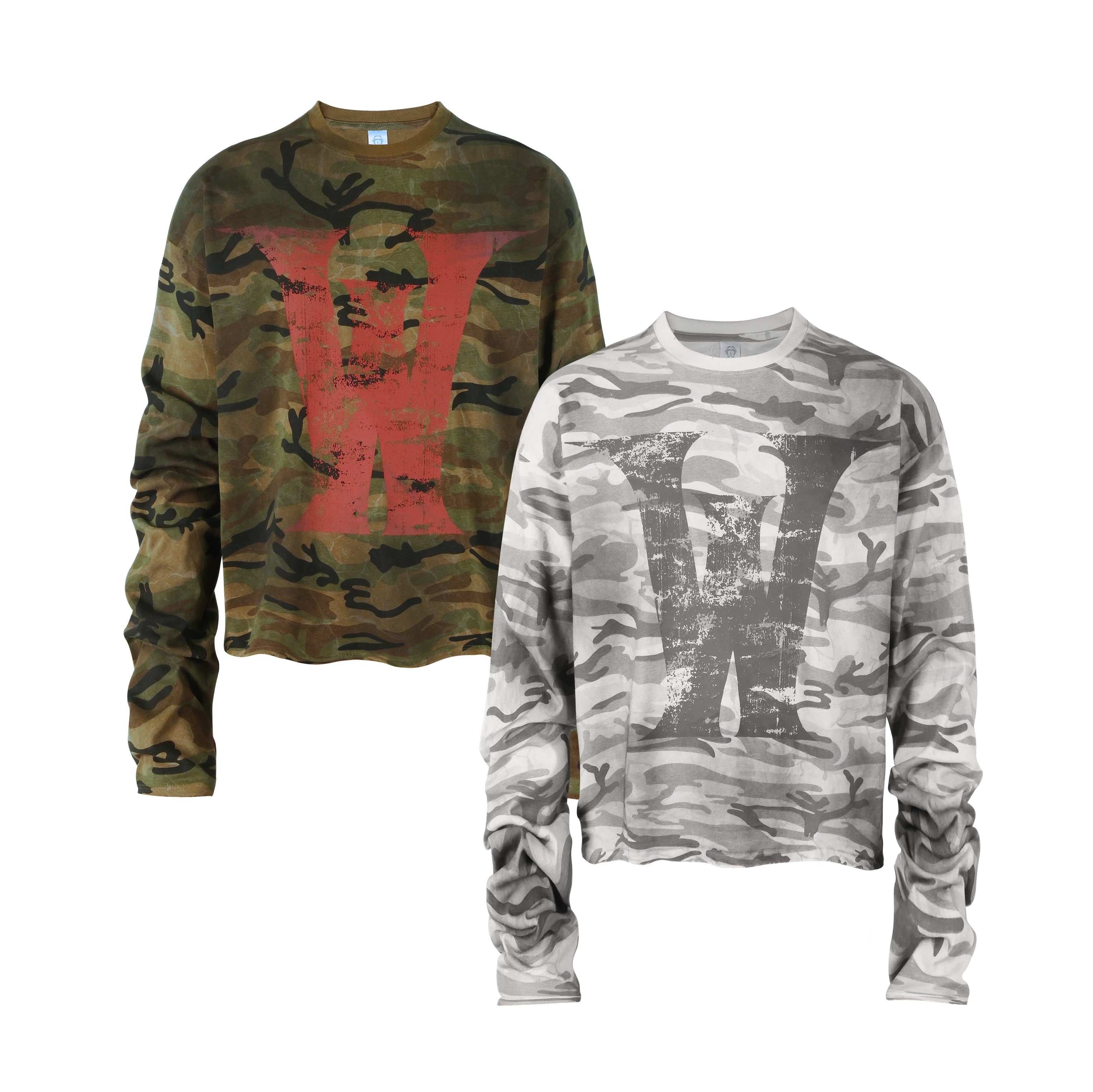 THEWET 2026 Spring American Retro Doing Old, Spray Dirty Camo Base Printing Long Sleeve Casual Short Width Long Tee