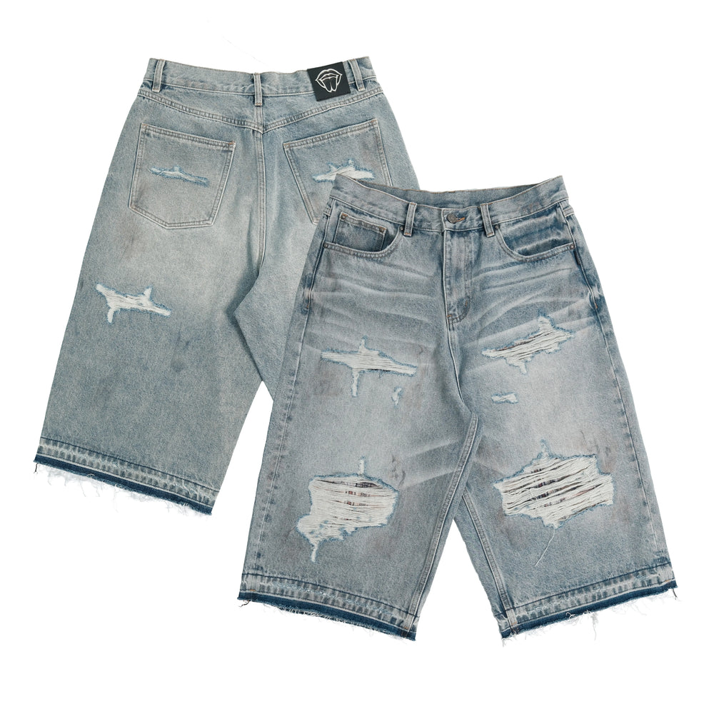 THEWET 14oz washed cat whiskers made of old adhesive fabric, ripped denim cropped pants, retro fringed straight leg shorts