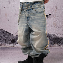 THEWET SPLITTING TONGUE 2025AW Washed and Used Honeycomb Cat Beard Double Waist Cowboy Pants