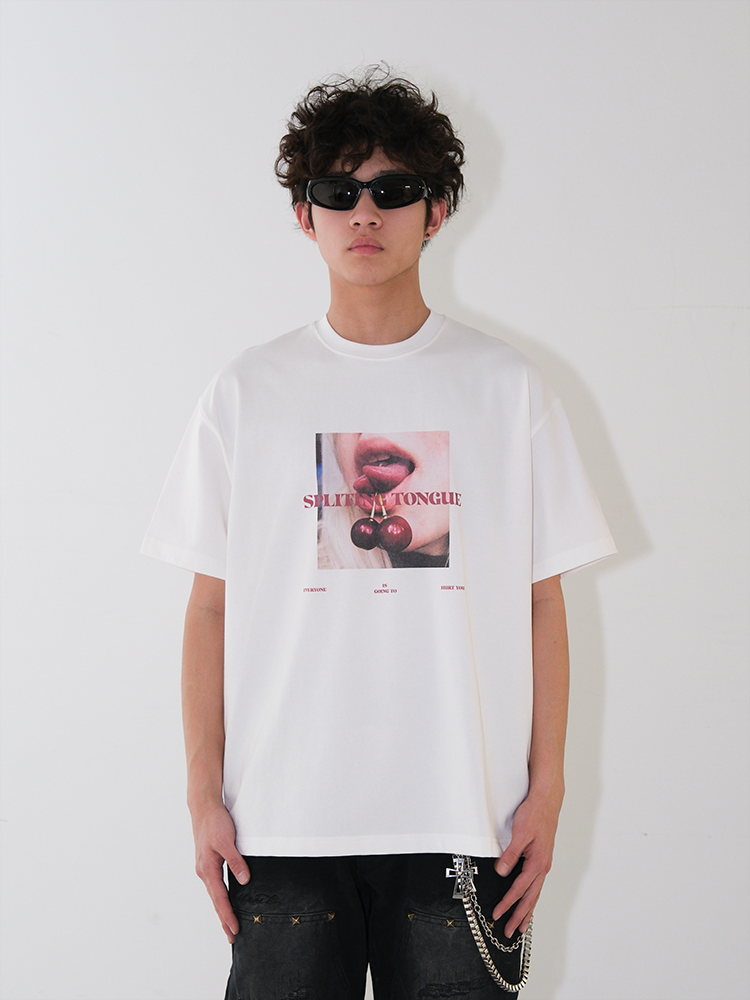 LILWET 280g Cherry Fun American Street Split Tongue Print Versatile Short Sleeve Heavy duty Round Neck T-shirt