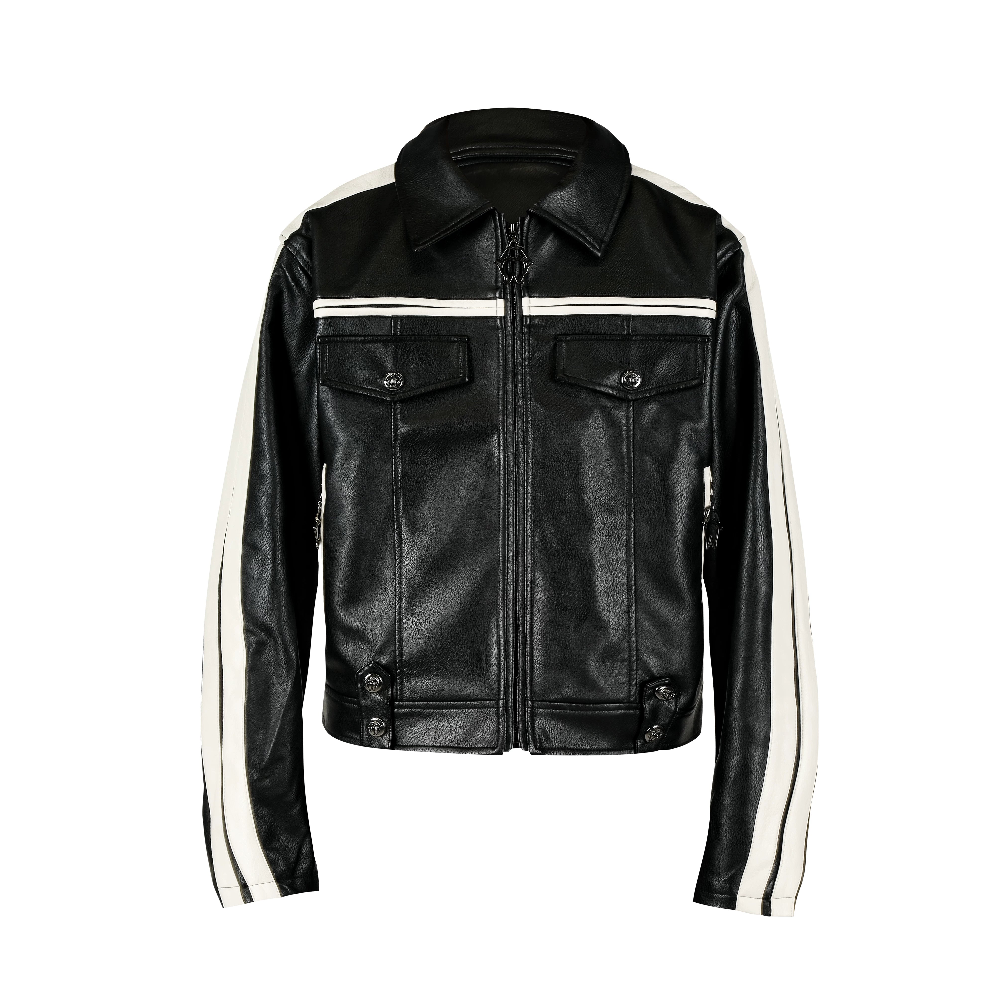 THEWET 2025 AW TOPBARRY Same Style Autumn/Winter American Street Short Wide Curved Knife Splicing Leather Jacket