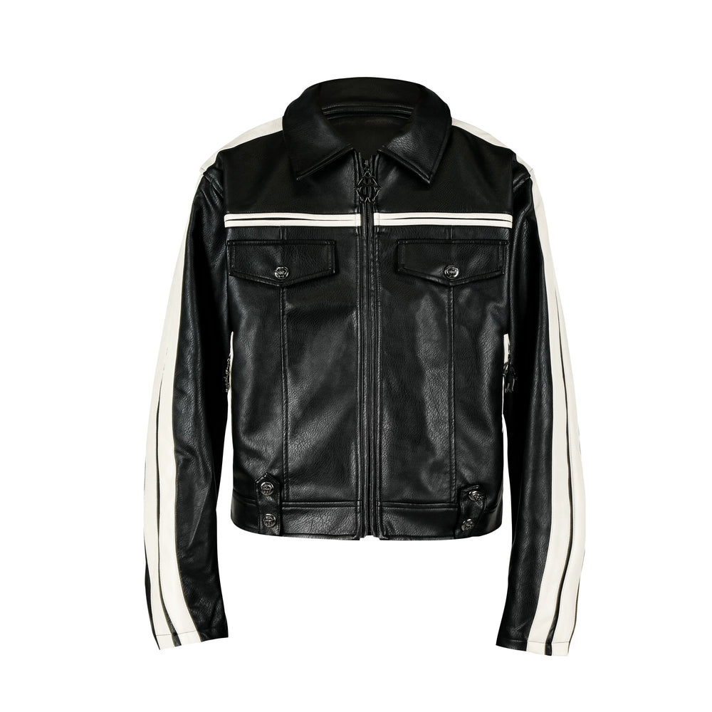 THEWET 2025 AW TOPBARRY Same Style Autumn/Winter American Street Short Wide Curved Knife Splicing Leather Jacket