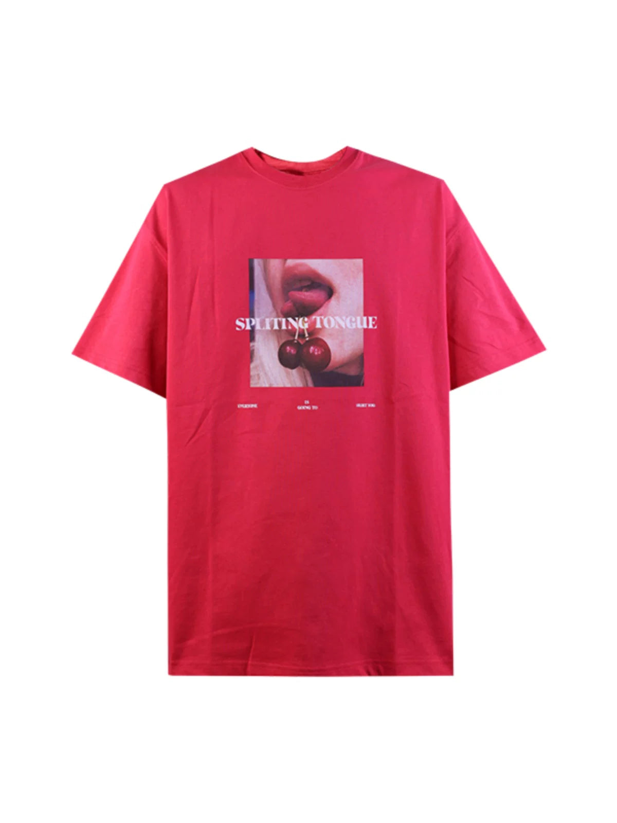 LILWET 280g Cherry Fun American Street Split Tongue Print Versatile Short Sleeve Heavy duty Round Neck T-shirt
