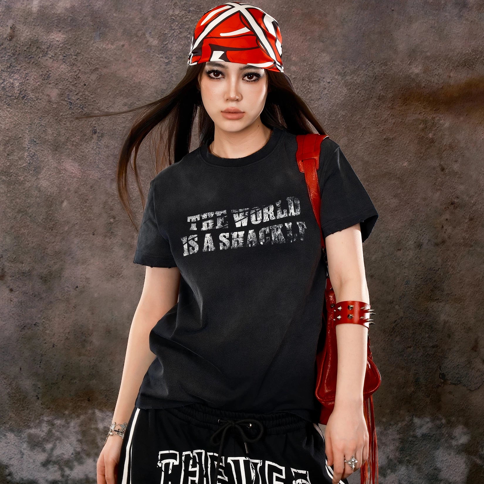 THEWET 2025SS American retro mud dyed distressed street casual cross distressed printed short sleeved tee