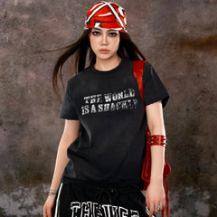 THEWET 2025SS American retro mud dyed distressed street casual cross distressed printed short sleeved tee