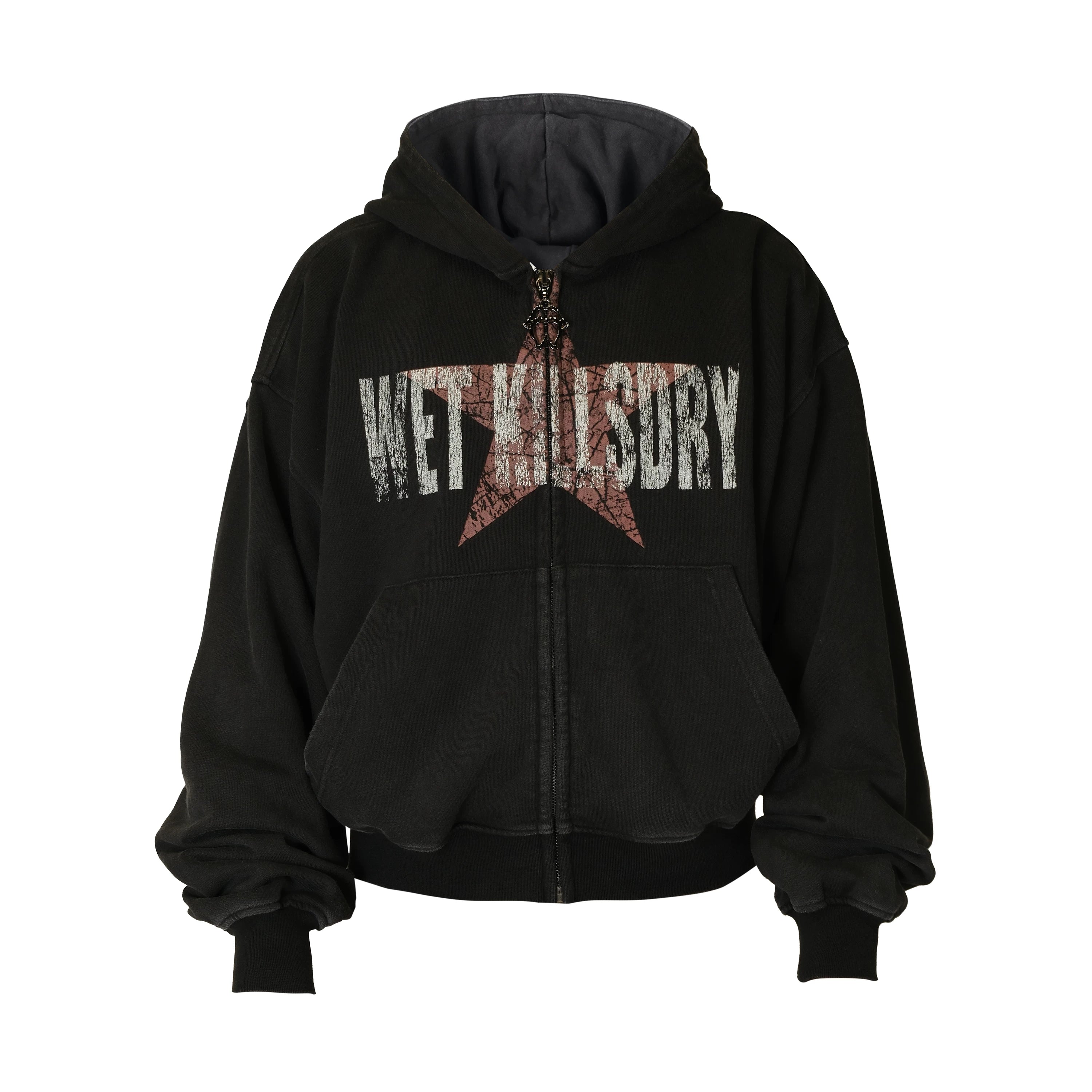 THEWET SPLITTING TONGUE silhouette distressed short loose star print zipper hoodie