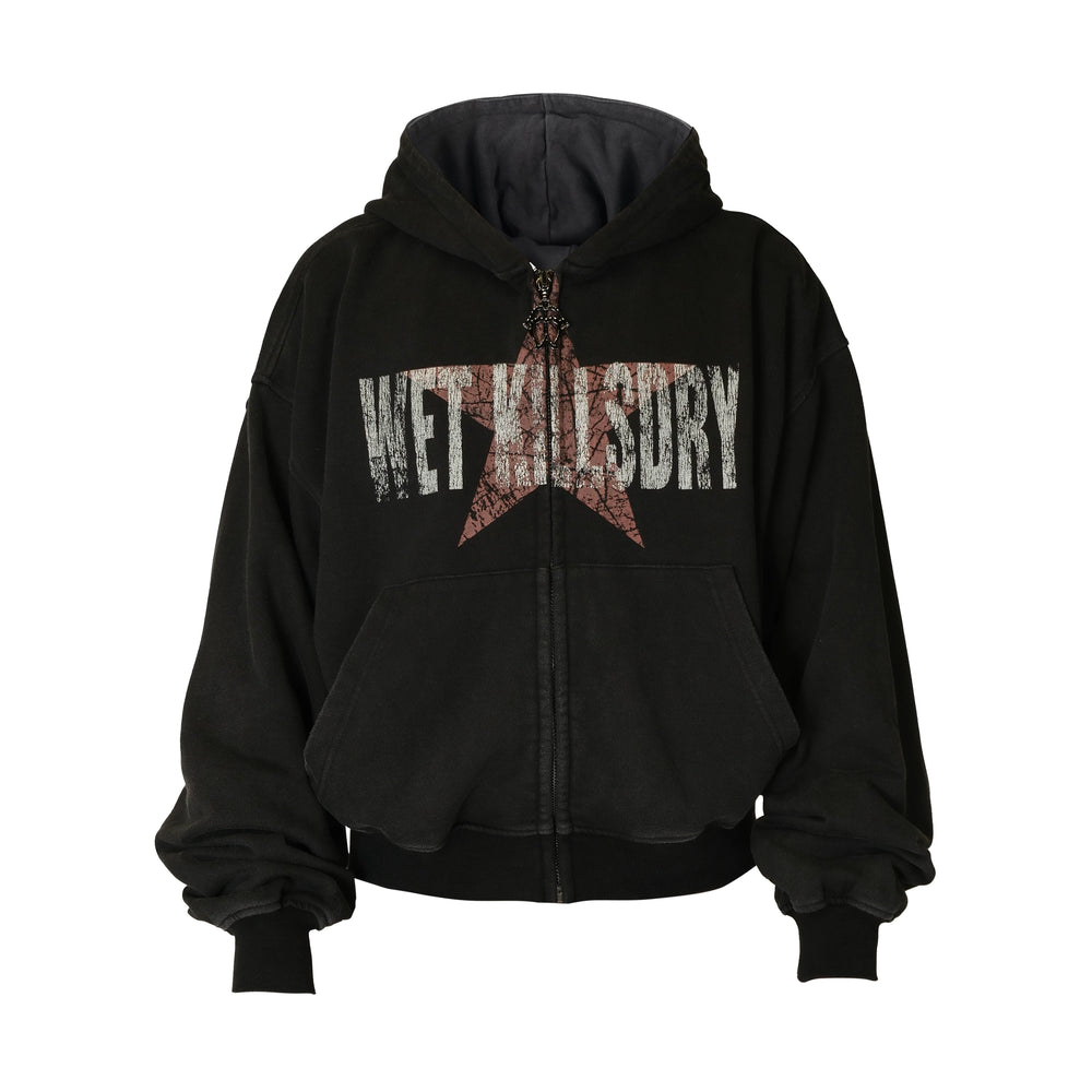 THEWET SPLITTING TONGUE silhouette distressed short loose star print zipper hoodie