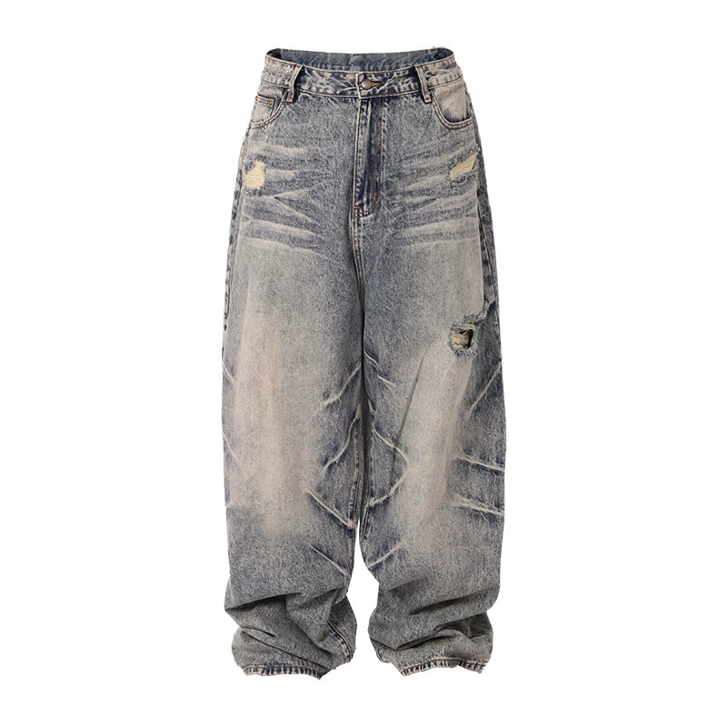 LILWET loose hole washed distressed 13 ounce cat paw scratch cat whisker split tongue jeans THEWET