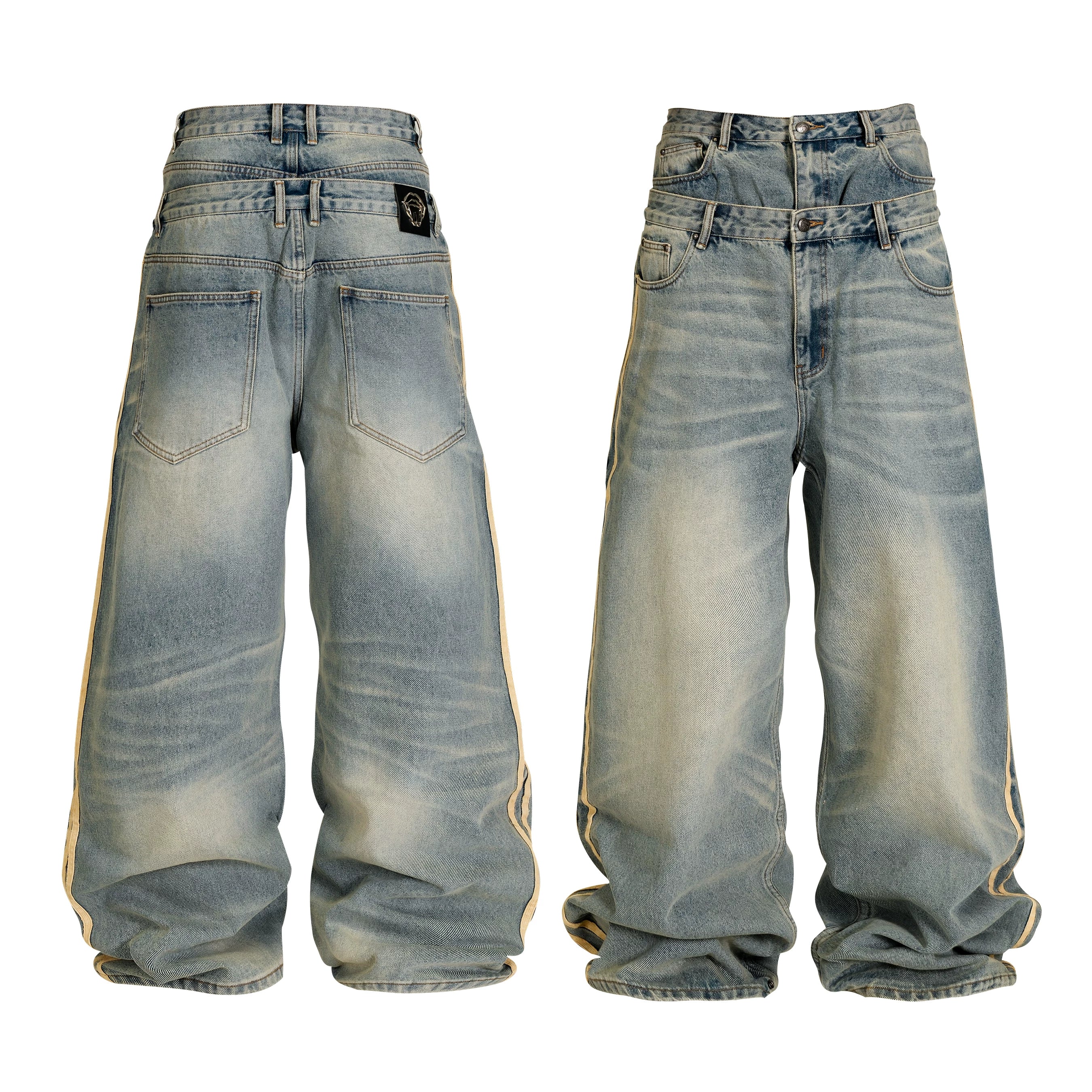 THEWET SPLITTING TONGUE 2025AW Washed and Used Honeycomb Cat Beard Double Waist Cowboy Pants