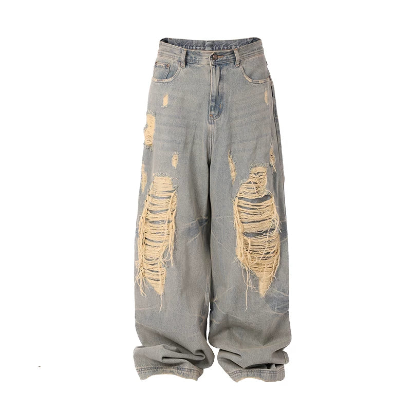 LILWET water washed distressed 13 ounce Baggy ripped floor wide leg jeans THEWET tongue splitting