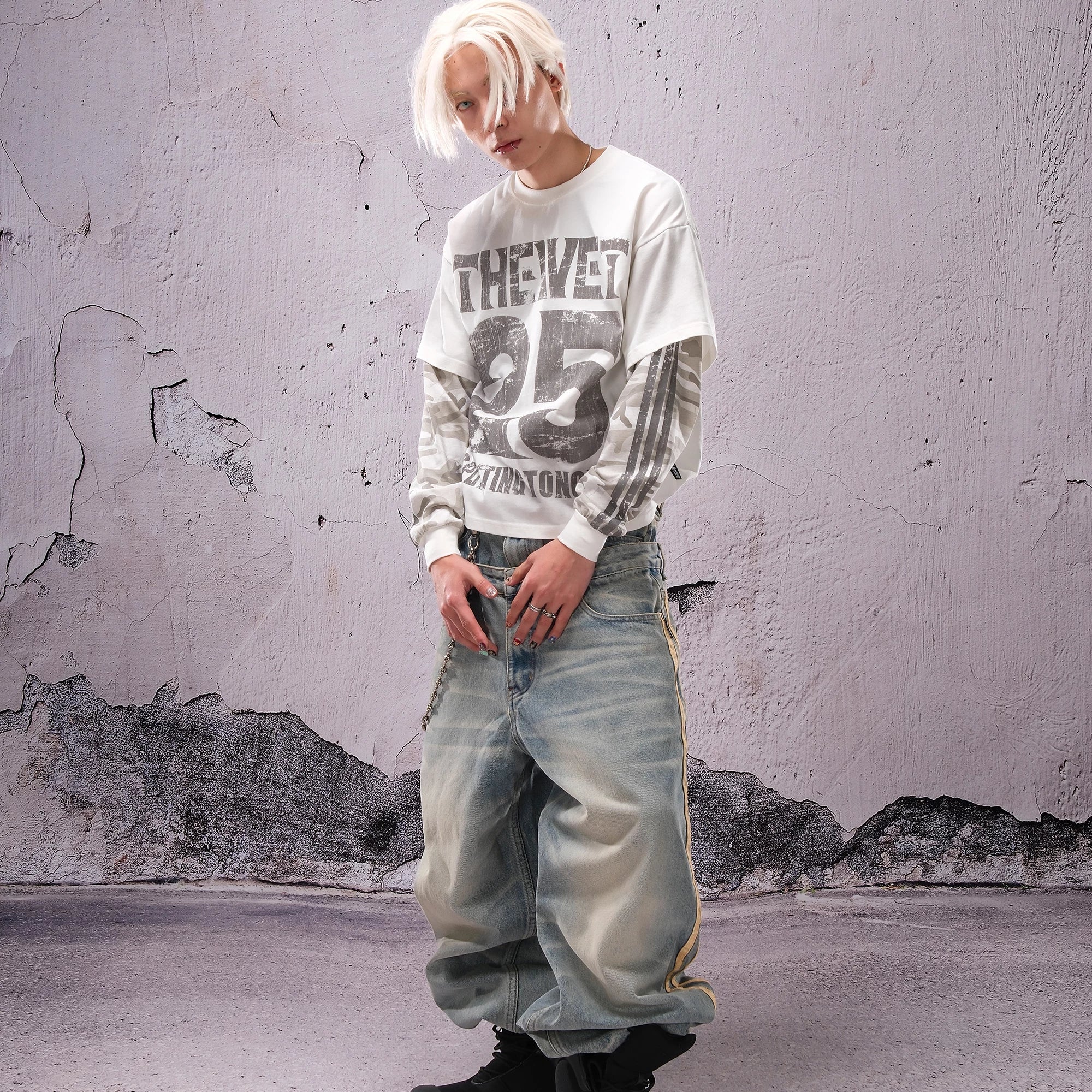 THEWET SPLITTING TONGUE 2025AW Washed and Used Honeycomb Cat Beard Double Waist Cowboy Pants
