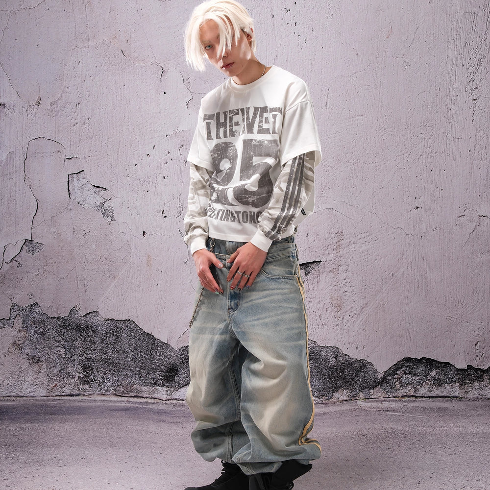 THEWET SPLITTING TONGUE 2025AW Washed and Used Honeycomb Cat Beard Double Waist Cowboy Pants