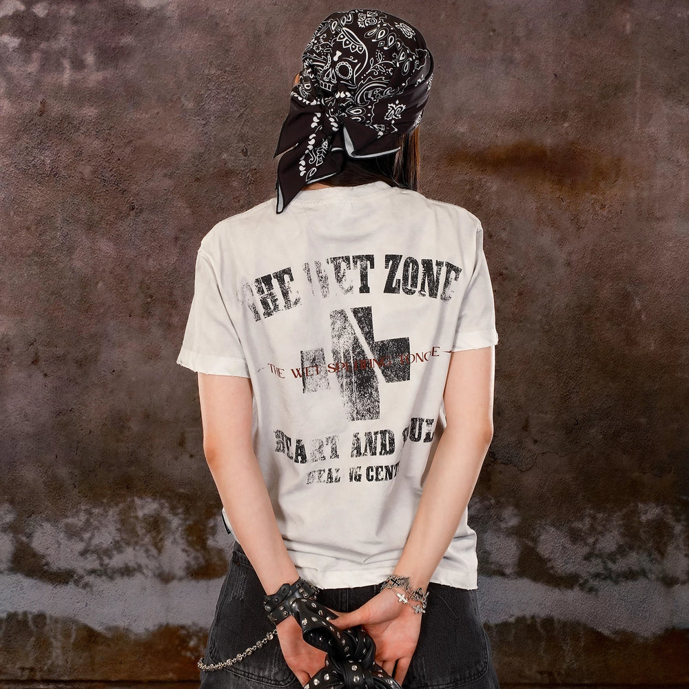 THEWET 2025SS American retro mud dyed distressed street casual cross distressed printed short sleeved tee