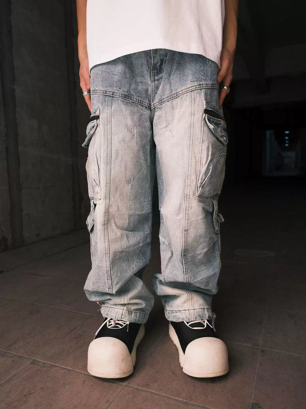 THEWET American heavyweight 14oz tie flower washed distressed long pants loose casual wide leg workwear jeans