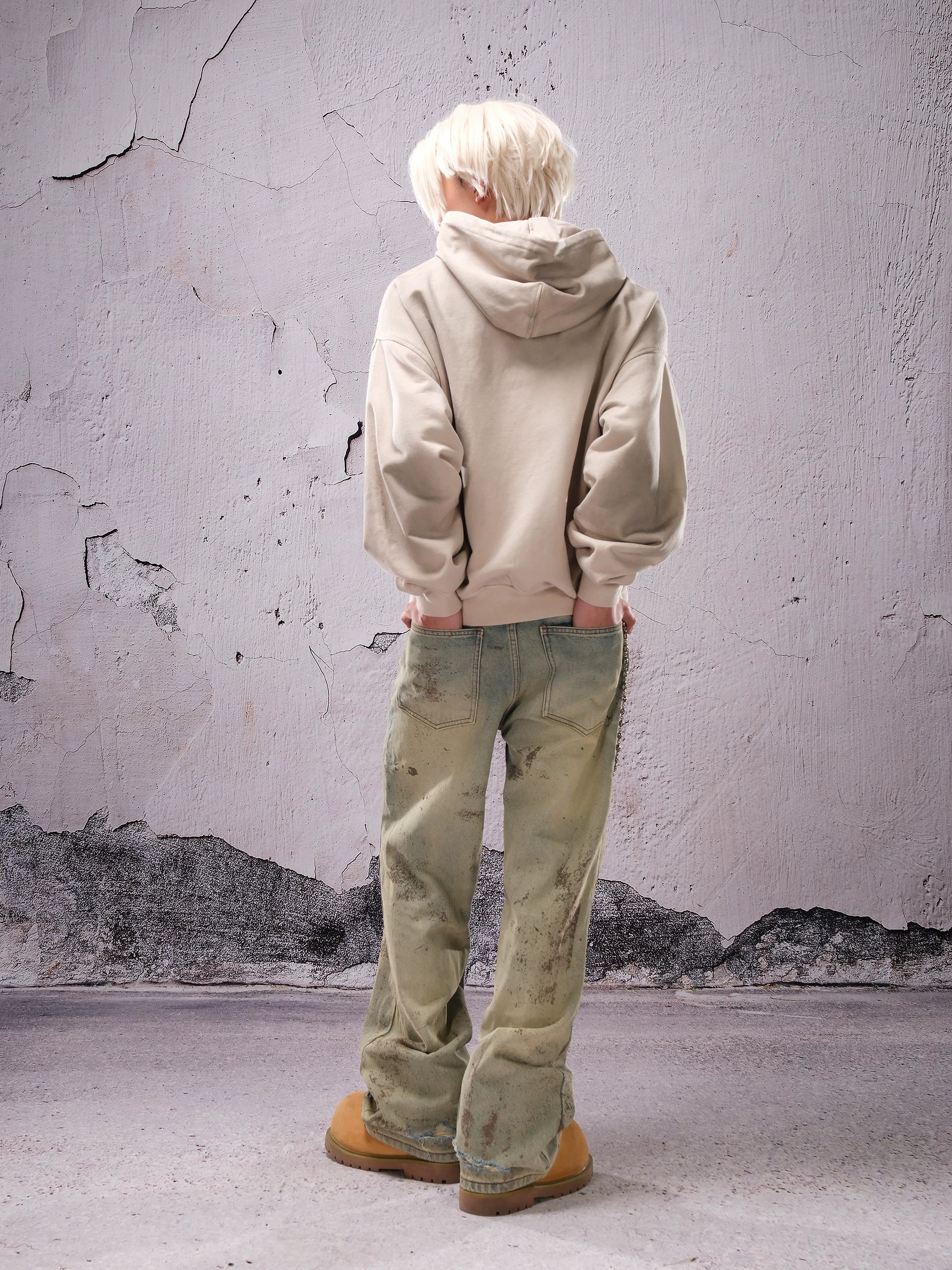 THEWET SPLITTING TONGUE 2025AW Washed and Used Digital Splashed Honeycomb Cat Beard Jeans