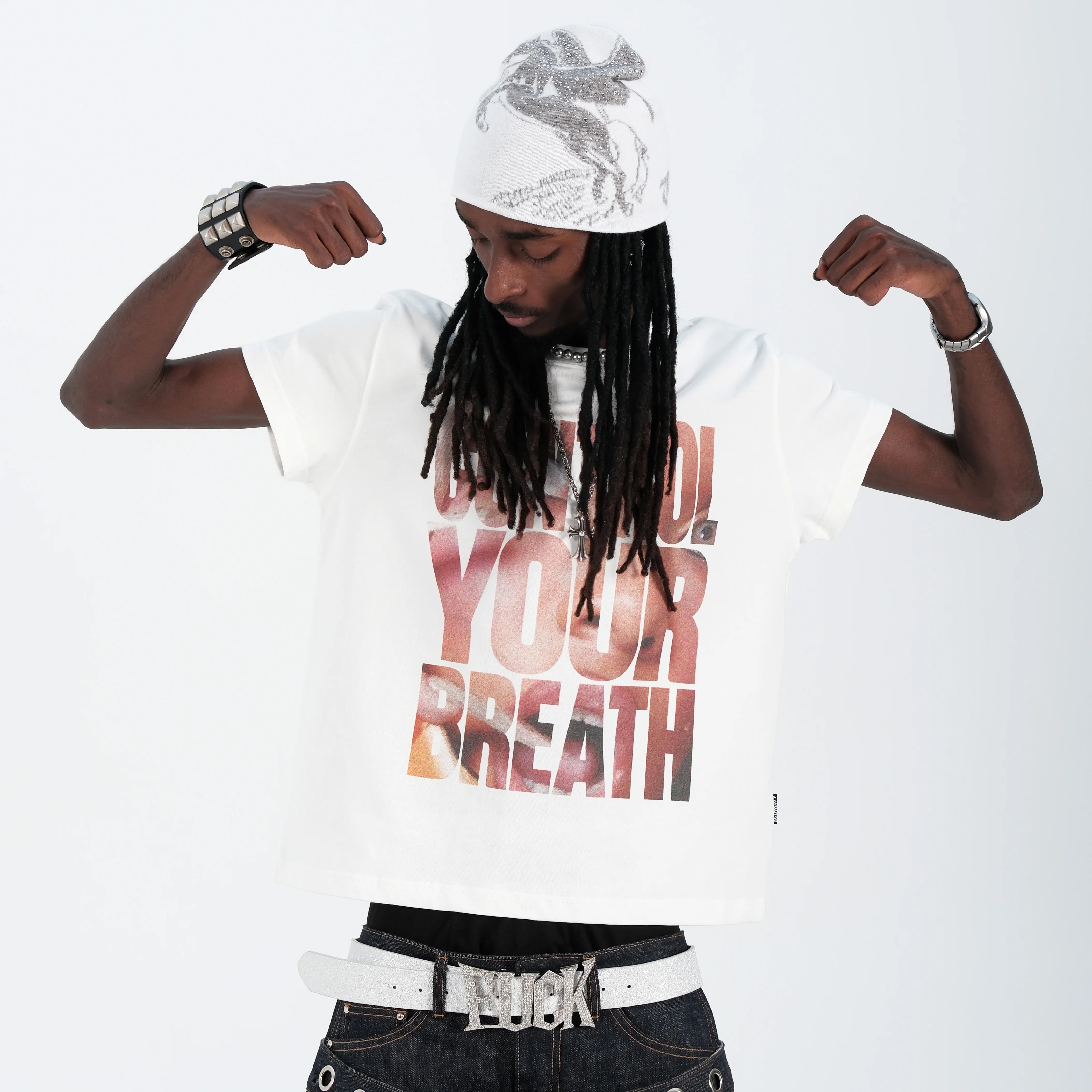 THEWET 2026SS Street Casual Photo White Ink Letter Printed Cotton Slim Short Sleeve Tee