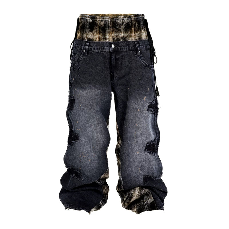 THEWET Split Tongue 14 oz Double Waist Checkered Splicing with Broken Hole, Damaged, Baggy Straight leg Jeans